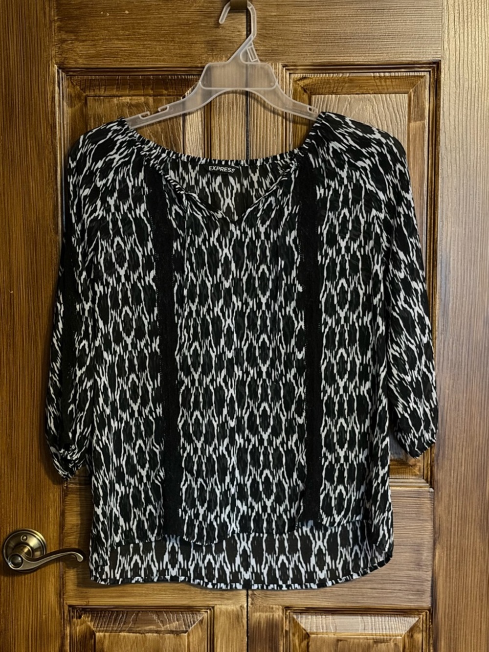 Express Black and White Sheer Printed Lace-Trim Top with  3/4 sleeves Size L